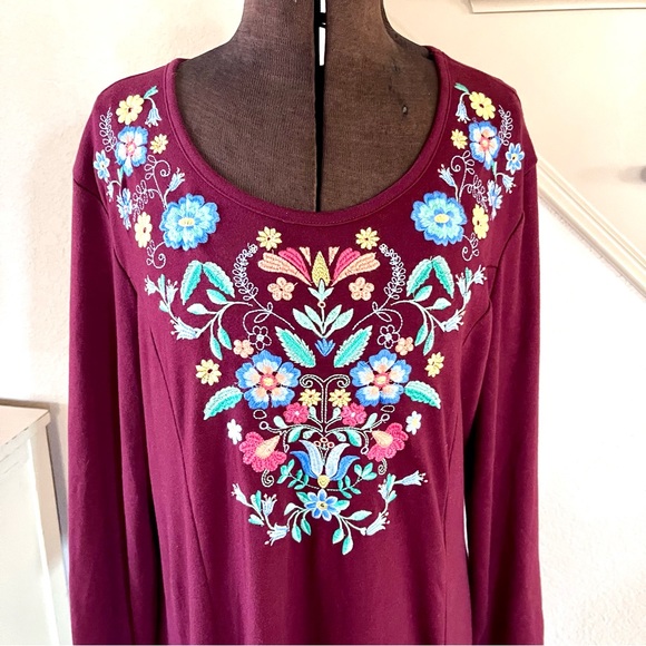 BLAIR Vintage Maroon Red Embroidered Maxi Dress Womens Size XL Long Sleeve Fall - Picture 4 of 9